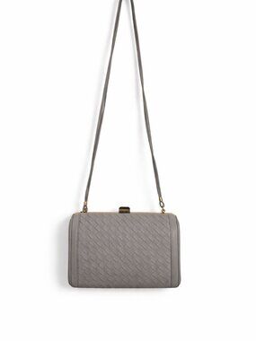 Vintage Pierre Cardin Woven Leather Clutch Crossbody Light Gray Gold Frame Bag